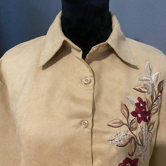 Faux Suede Shirt Womens L Embroidered Floral Y2K Tan Western Boho Cowgirl - Picture 3 of 8